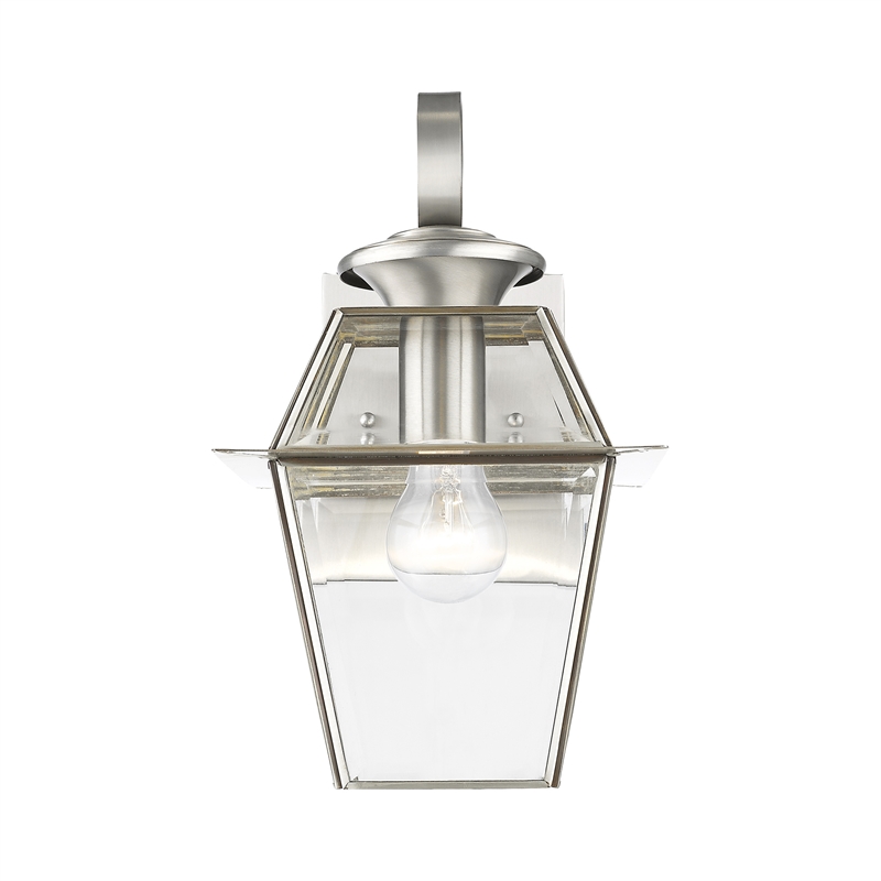 Beaumont Lane Traditional 1-Light Brass Outdoor Wall Lantern in Brushed Nickel