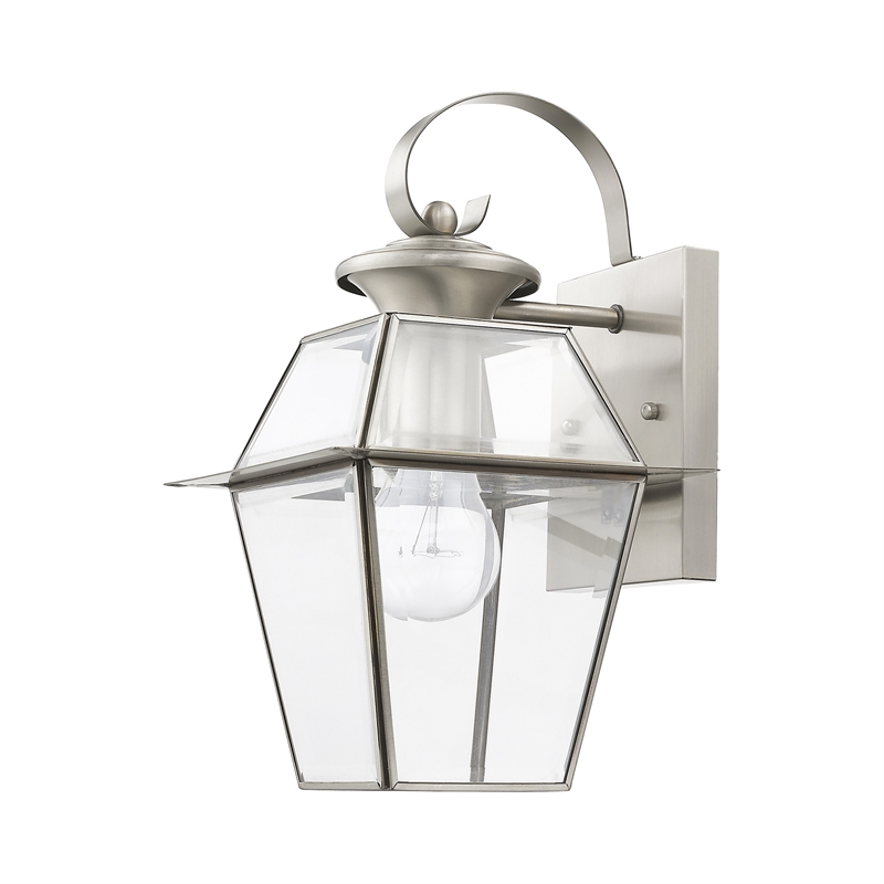 Beaumont Lane Traditional 1-Light Brass Outdoor Wall Lantern in Brushed Nickel