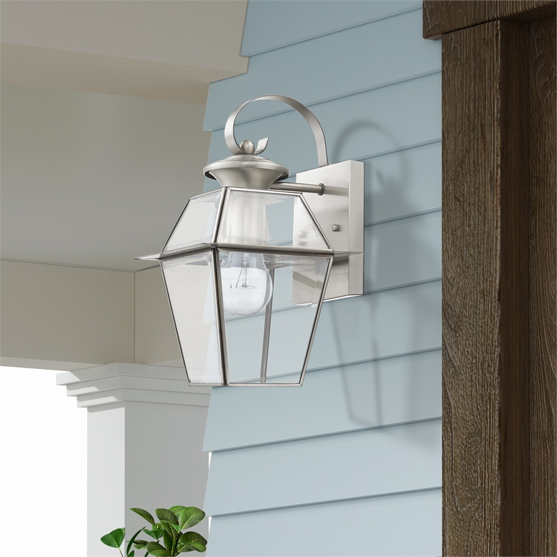 Beaumont Lane Traditional 1-Light Brass Outdoor Wall Lantern in Brushed Nickel