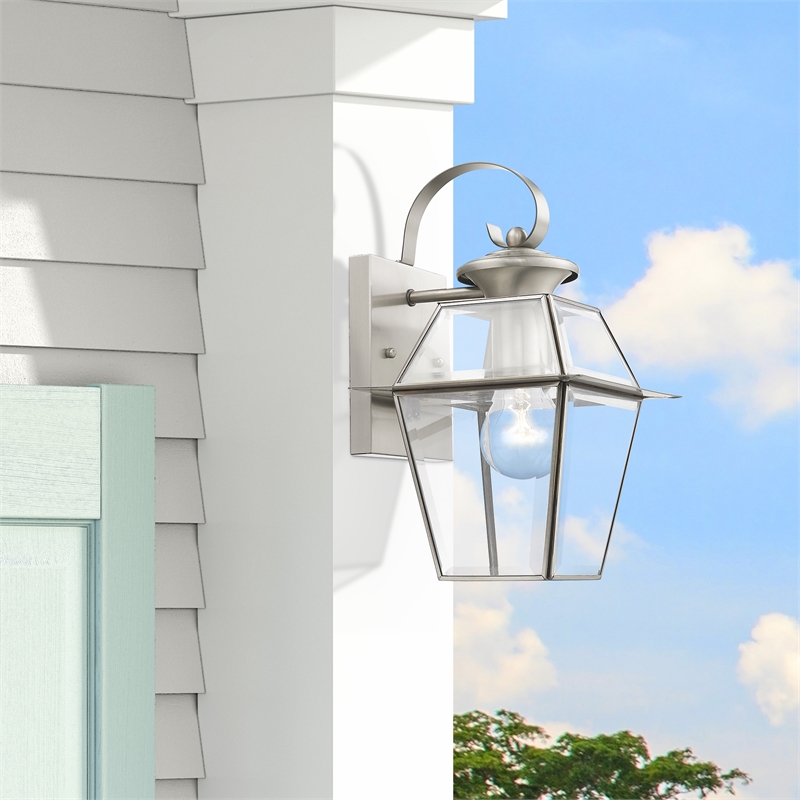 Beaumont Lane Traditional 1-Light Brass Outdoor Wall Lantern in Brushed Nickel