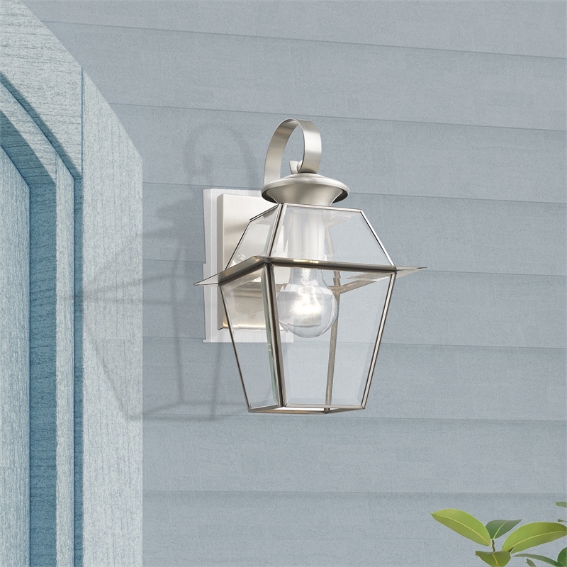 Beaumont Lane Traditional 1-Light Brass Outdoor Wall Lantern in Brushed Nickel