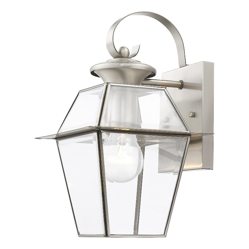 Beaumont Lane Traditional 1-Light Brass Outdoor Wall Lantern in Brushed Nickel