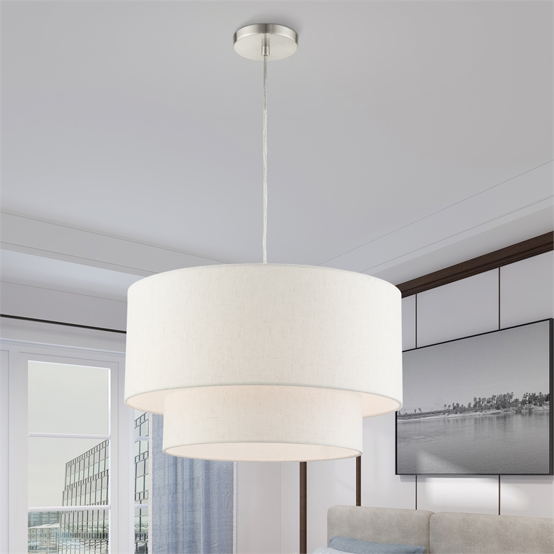 Beaumont Lane Modern 3-Light Metal & Fabric Pendant in Brushed Nickel