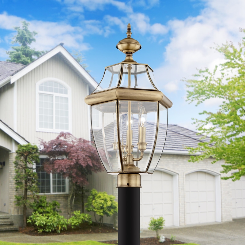Beaumont Lane Contemporary 3 Light Antique Brass Outdoor Post Top Lantern