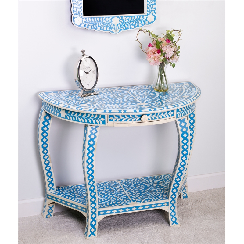Beaumont Lane Transitional Blue Bone Inlay Demilune Console Table