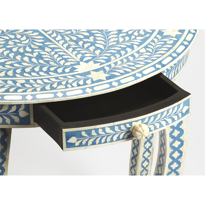 Beaumont Lane Transitional Blue Bone Inlay Demilune Console Table