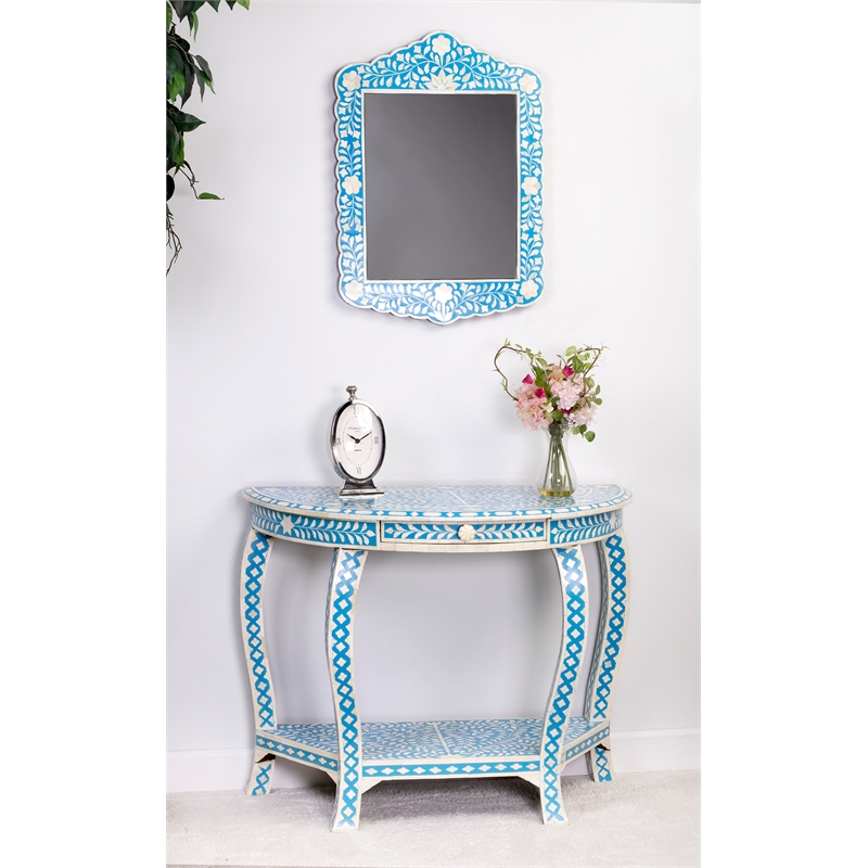Beaumont Lane Transitional Blue Bone Inlay Demilune Console Table