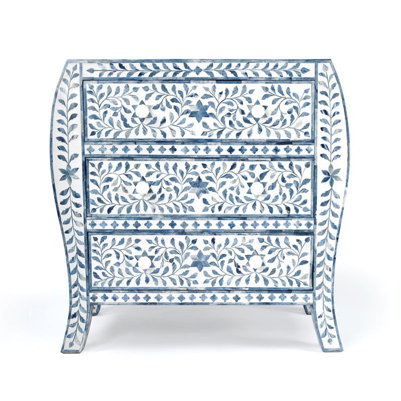 Beaumont Lane Modern Blue And White Bone Inlay 3 Drawer Chest