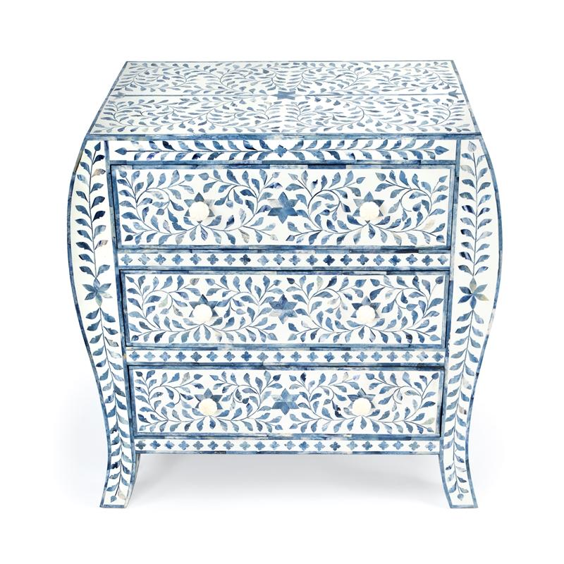 Beaumont Lane Modern Blue And White Bone Inlay 3 Drawer Chest