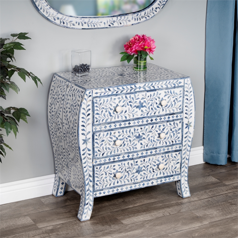 Beaumont Lane Modern Blue And White Bone Inlay 3 Drawer Chest