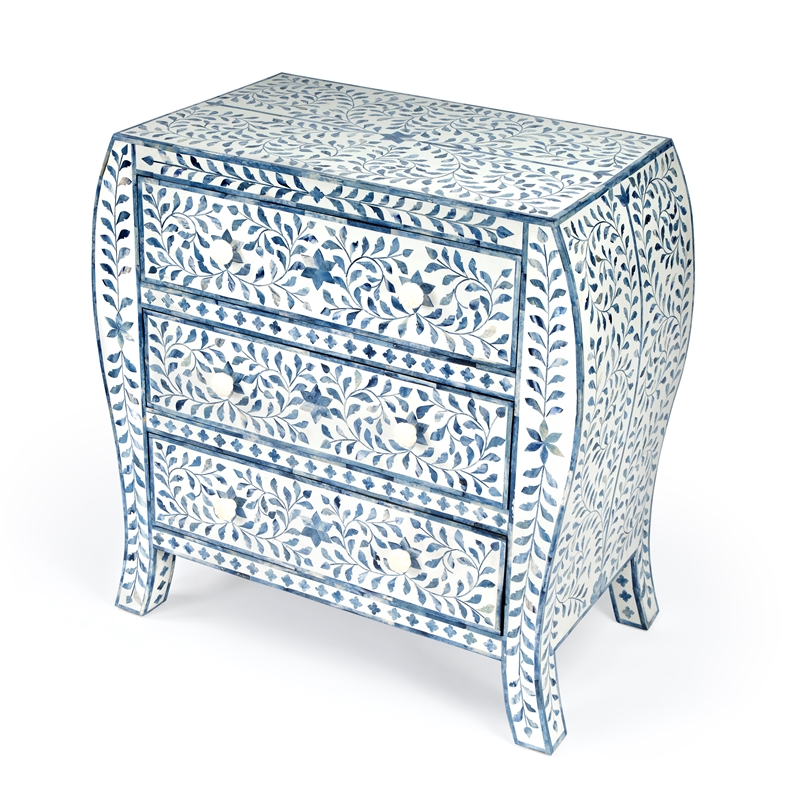 Beaumont Lane Modern Blue And White Bone Inlay 3 Drawer Chest
