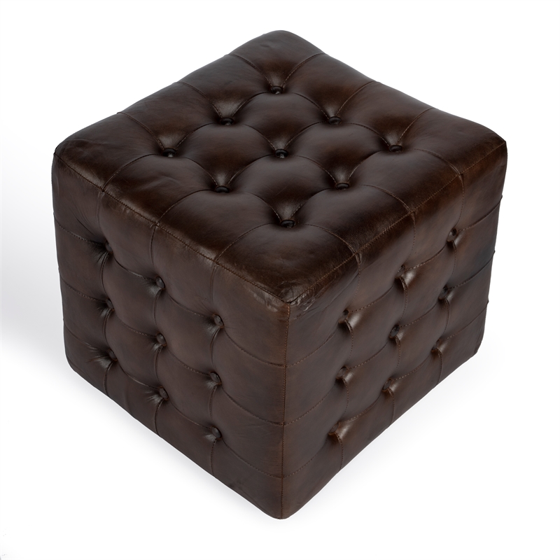 Beaumont Lane Transitional Button Tufted Leather Ottoman in Brown