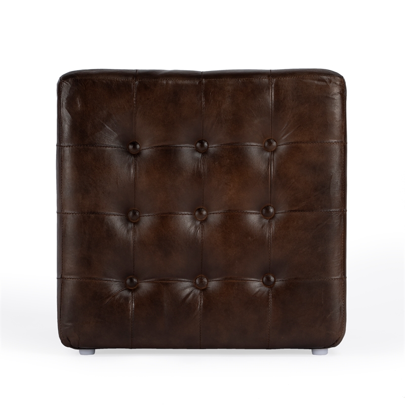 Beaumont Lane Transitional Button Tufted Leather Ottoman in Brown