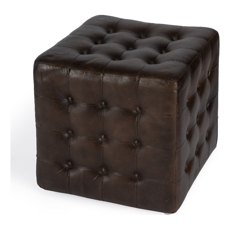 Beaumont Lane Transitional Button Tufted Leather Ottoman in Brown