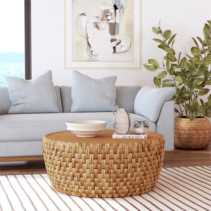 Beaumont Lane Coastal Round Rattan Drum Coffee Table in Natural Rattan