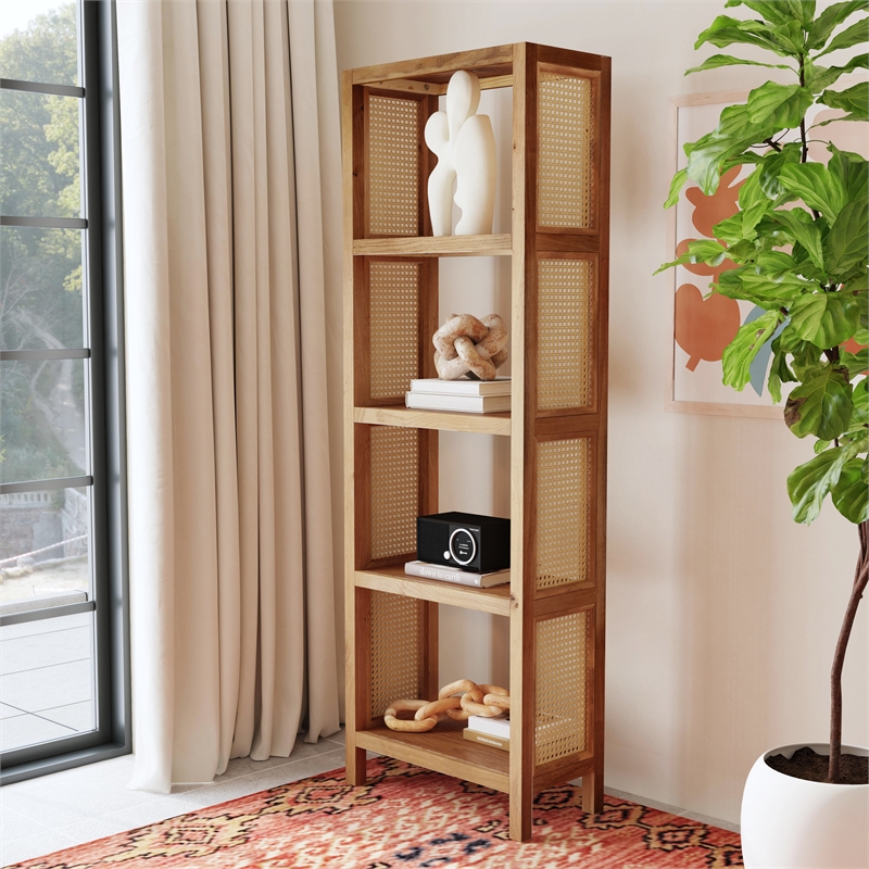 Beaumont Lane Modern Cane And Wood 4-Tier Etagere Bookcase in Brown