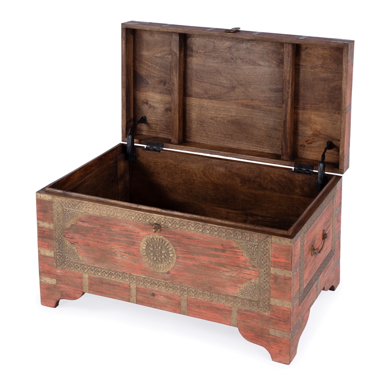 Beaumont Lane Transitional Wood Storage Trunk Coffee Table In Pink