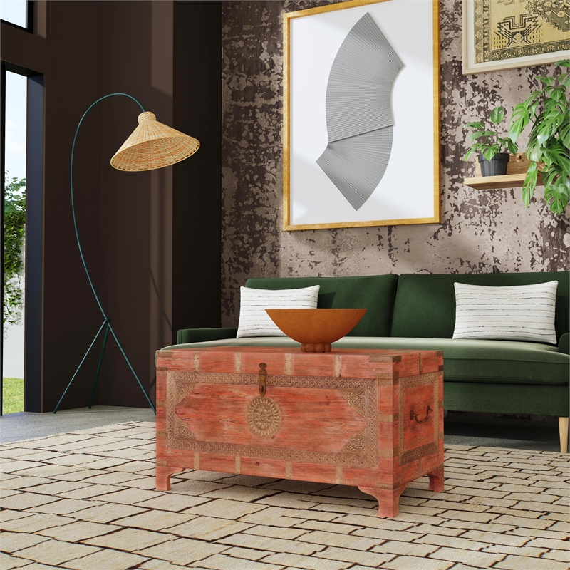Beaumont Lane Transitional Wood Storage Trunk Coffee Table In Pink