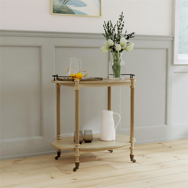 Beaumont Lane Wood Traditional 2 Tier Bar Cart in Antique Beige
