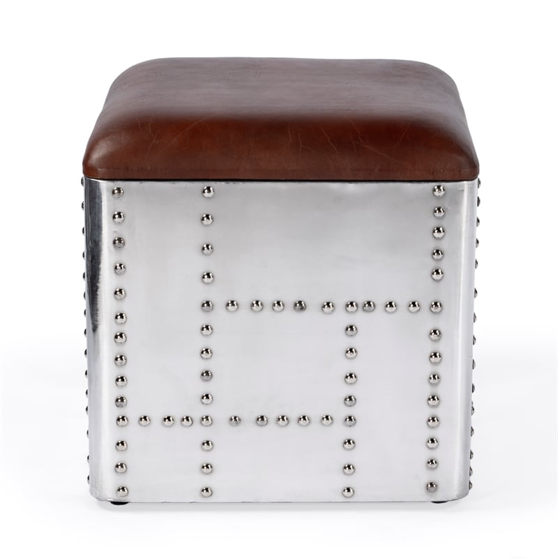 Beaumont Lane Contemporary Leather Bone Inlay Accent Stool in White & Brown