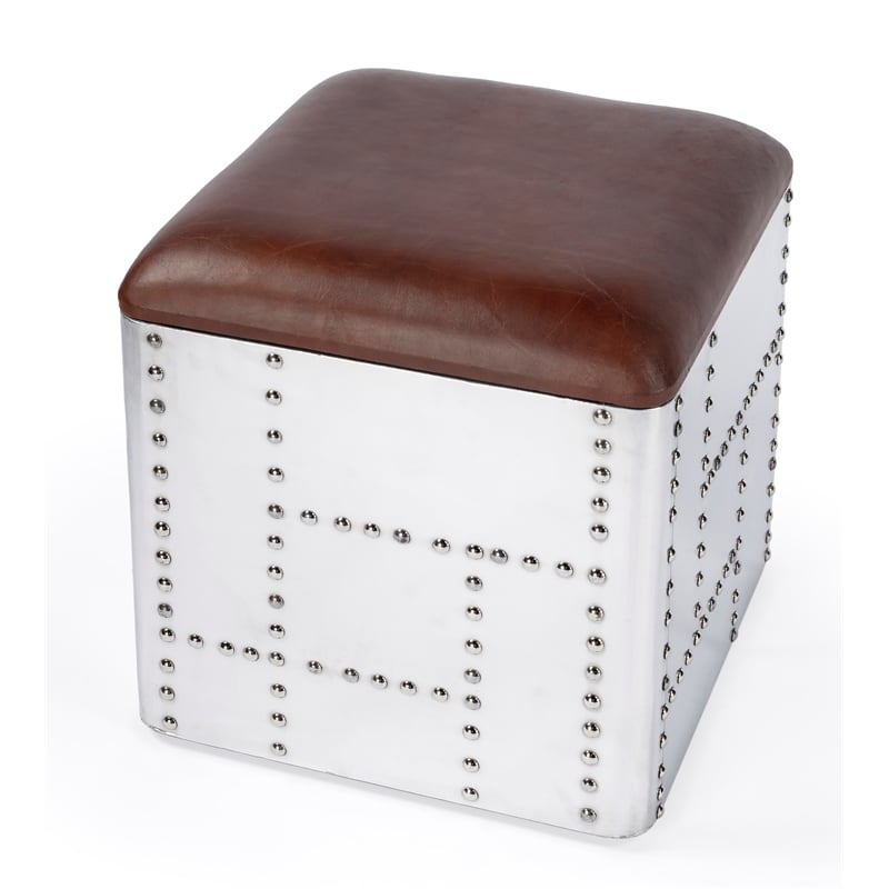 Beaumont Lane Contemporary Leather Bone Inlay Accent Stool in White & Brown