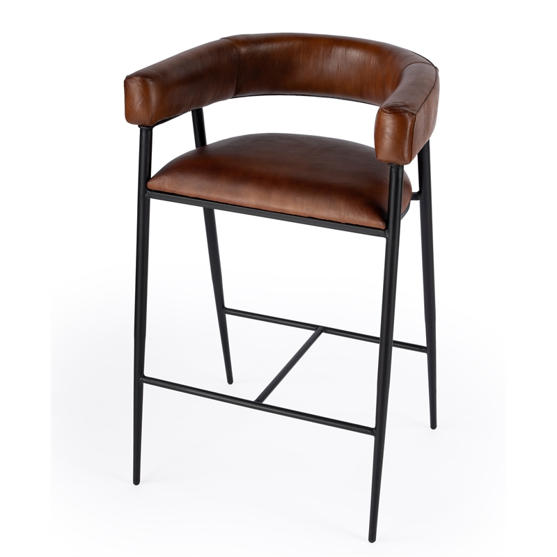 Beaumont Lane Transitional Brown Leather And Iron Cushioned Bar Stool