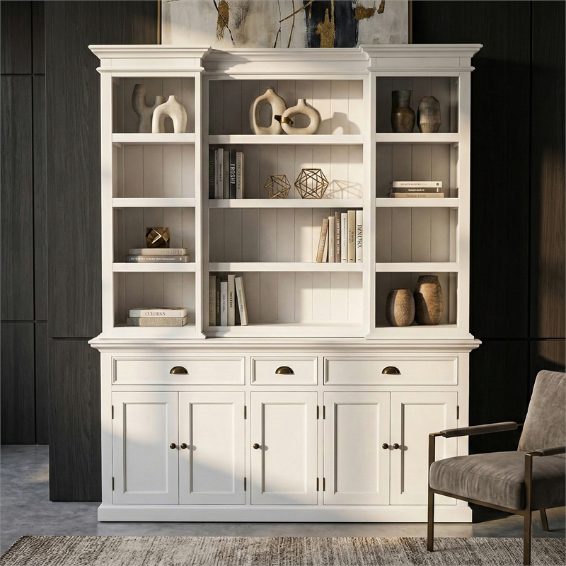 Beaumont Lane Mahogany Wood Hutch Cabinet with 5 Doors 3 Drawers in White
