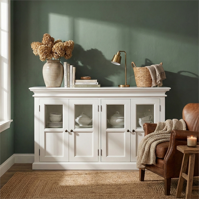 Beaumont Lane Mahogany Wood Buffet with 4 Bevelled Glass Doors in White