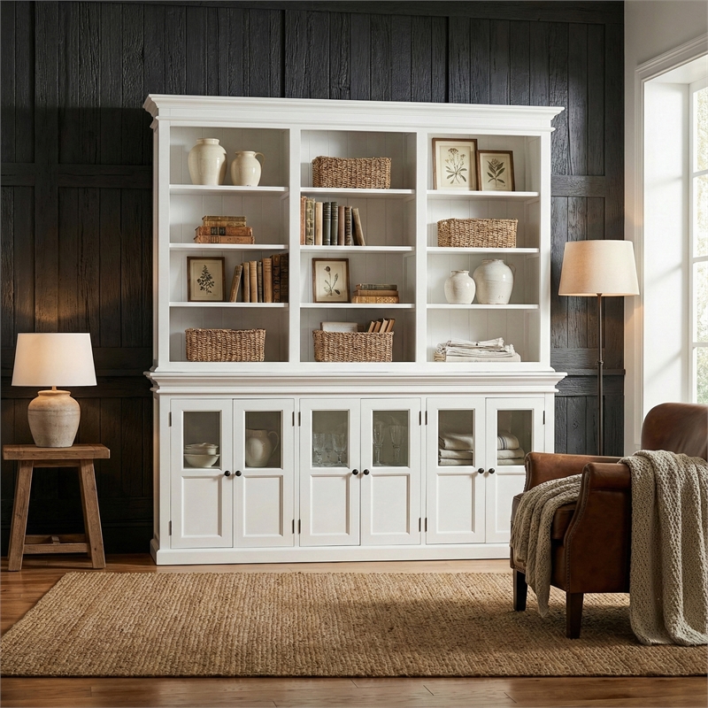 Beaumont Lane Solid Wood Hutch Unit with 12 Shelves and 6 Glass Doors in White