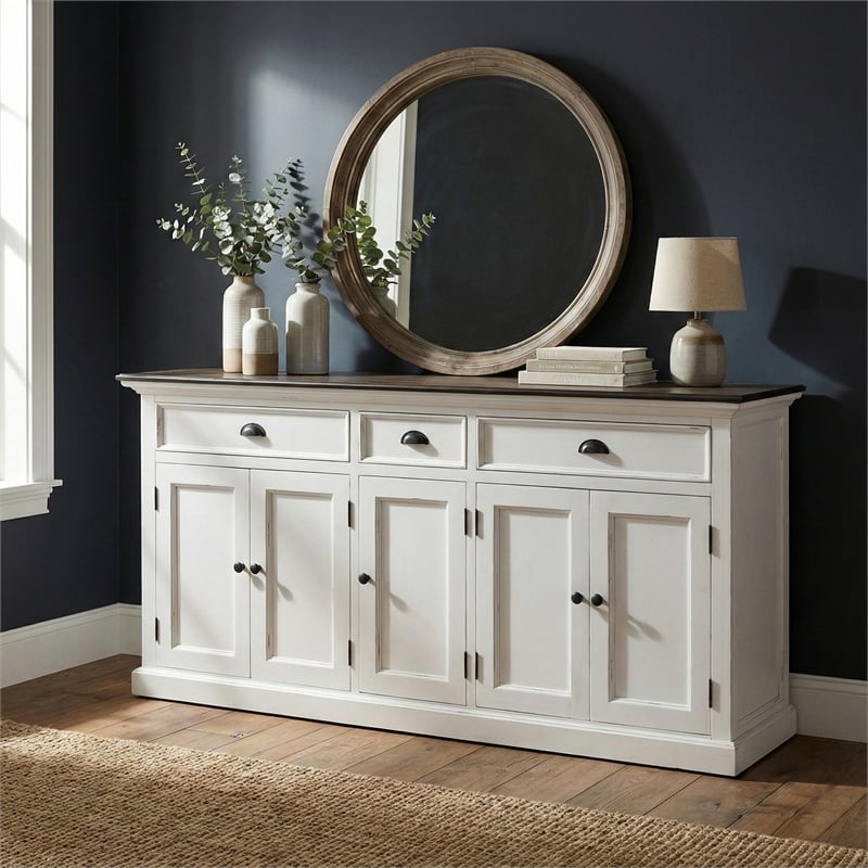 Beaumont Lane Farmhouse Buffet with 5 Doors 3 Drawers in White and Brown