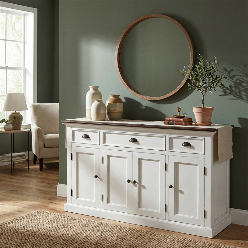 Beaumont Lane Solid Wood Buffet with 4 Doors 3 Drawers in White and Brown