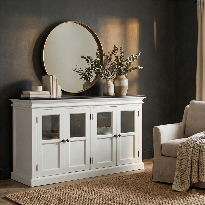 Beaumont Lane Mahogany Buffet with 4 Bevelled Glass Doors in White and Black
