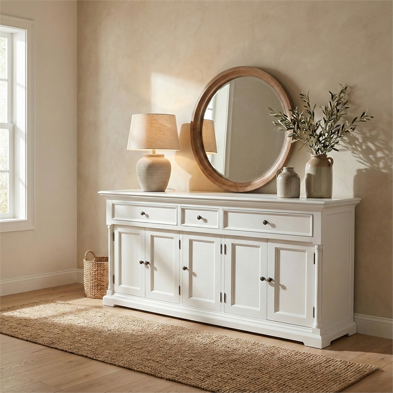 Beaumont Lane Solid Wood Buffet with 5 Doors 3 Drawers in White