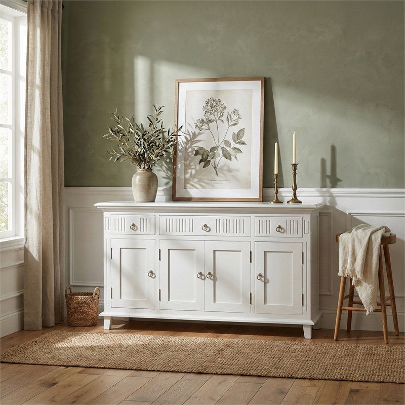 Beaumont Lane Solid Wood Buffet with 4 Doors 3 Drawers in White