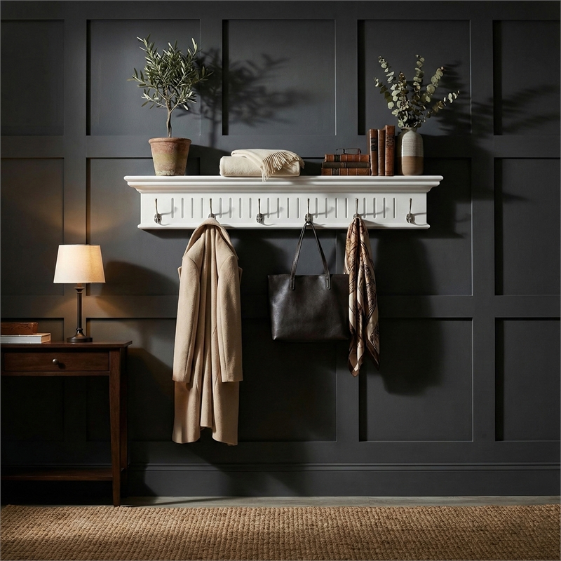 Beaumont Lane 6 Hook Grooved Solid Mahogany Coat Rack in Pure White