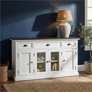 Beaumont Lane Mahogany Wood Buffet with 4 Doors 3 Drawers and Glass in White