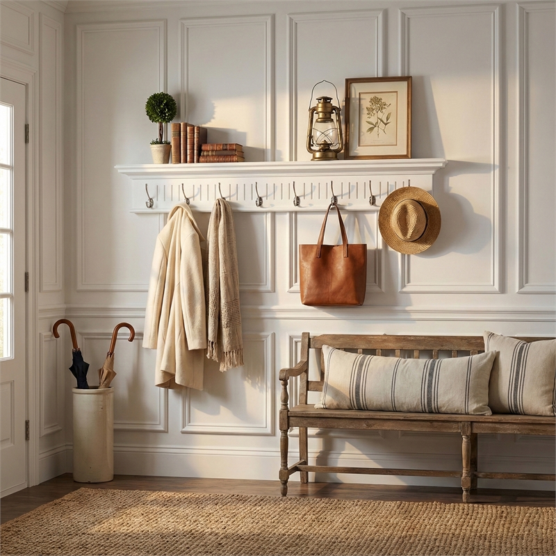 Beaumont Lane 8 Hook Grooved Solid Mahogany Coat Rack in Pure White