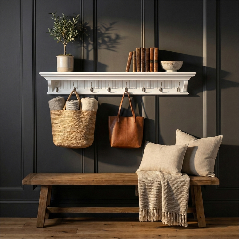 Beaumont Lane 8 Hook Grooved Solid Mahogany Coat Rack in Pure White