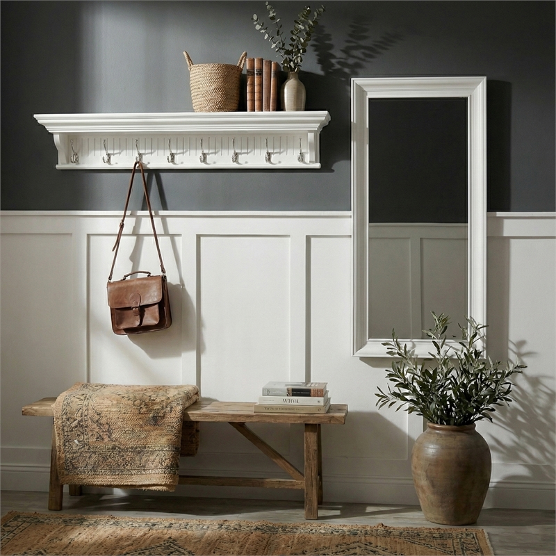 Beaumont Lane 8 Hook Grooved Solid Mahogany Coat Rack in Pure White