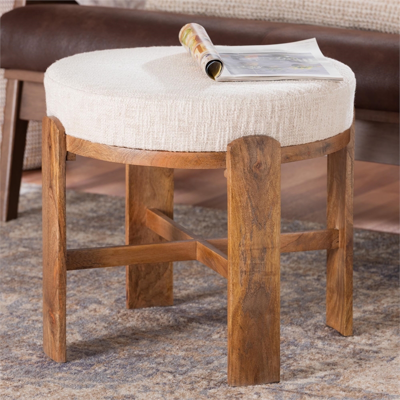 Beaumont Lane Round Fabric Ottoman Stool Mango Wood Accent Seating