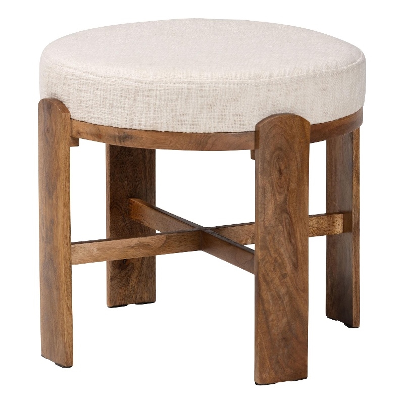 Beaumont Lane Round Fabric Ottoman Stool Mango Wood Accent Seating