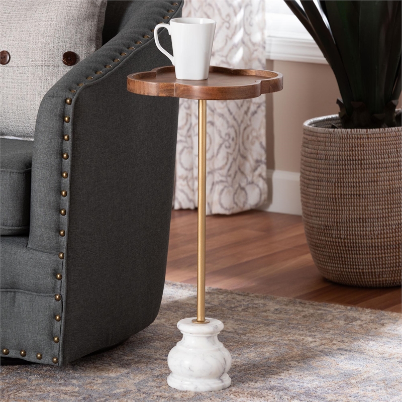 Beaumont Lane Compact Drink Table with Marble Base and Mango Wood Top