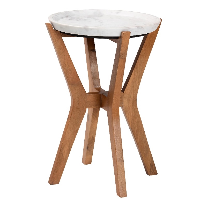 Beaumont Lane Round Marble Tray End Table Intersecting Mango Wood Base