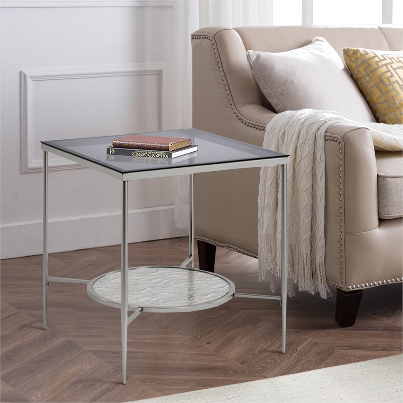 Beaumont Lane End Table with Tempered Glass Top and Textured Round Shelf
