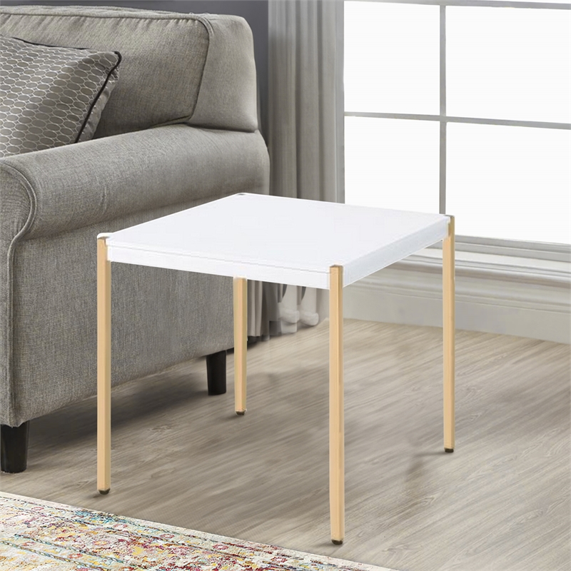 Beaumont Lane End Table with Metal Tube Legs Wooden Top in White and Gold