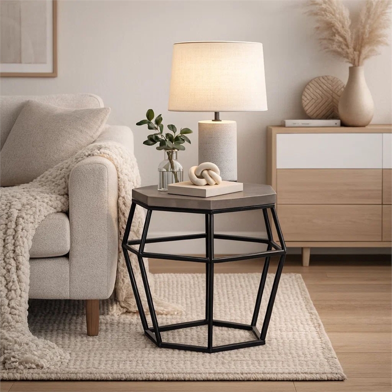 Beaumont Lane Hexagonal Concrete End Table with Metal Base in Gray/Black