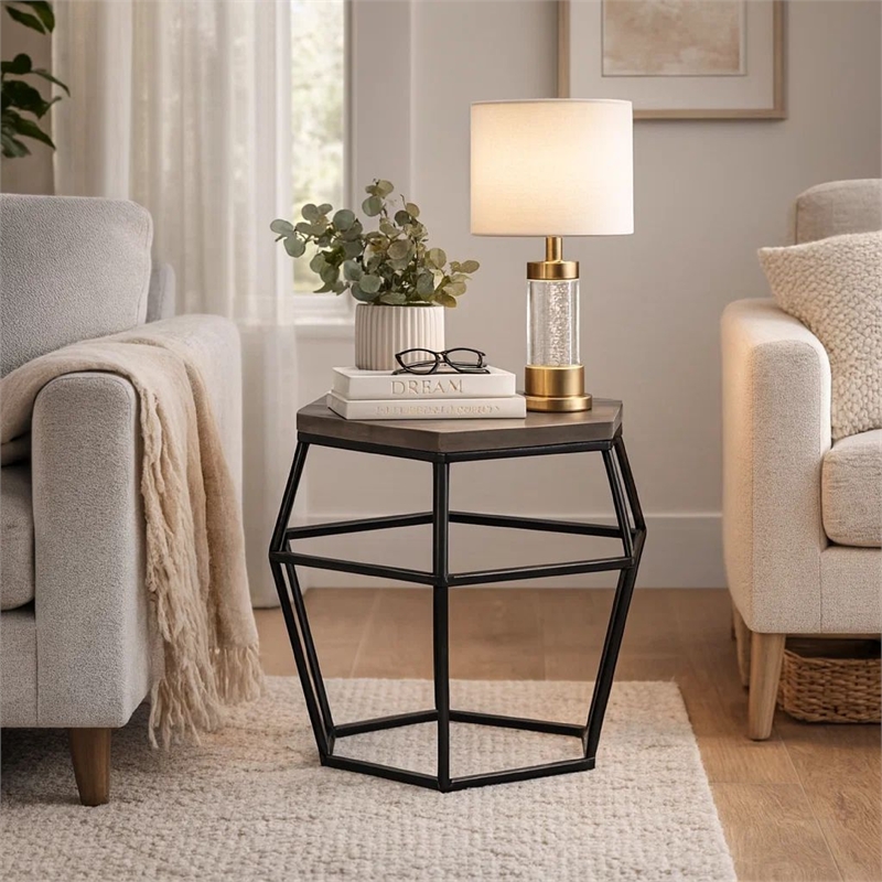Beaumont Lane Hexagonal Concrete End Table with Metal Base in Gray/Black