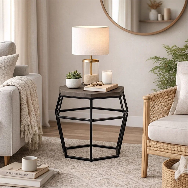 Beaumont Lane Hexagonal Concrete End Table with Metal Base in Gray/Black