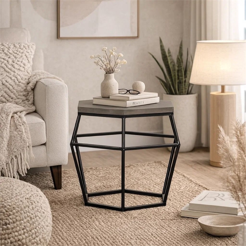 Beaumont Lane Hexagonal Concrete End Table with Metal Base in Gray/Black