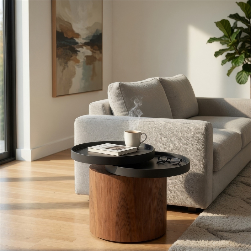 Beaumont Lane Cylindrical Wooden End Table Swivel Tray Top in Brown/Black